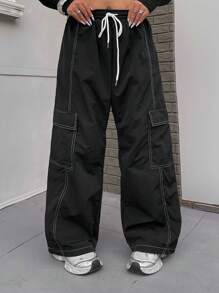 Flirla 加大码弹力腰带抽绳撞色口袋工装裤