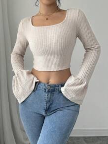 Calvaya Camiseta de mangas acampanadas con bajo vivo y unicolor para mujer, primavera y verano