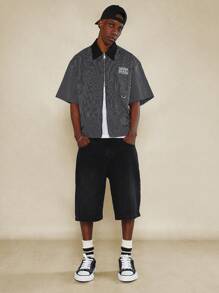 SUMWON Boxy Fit Zip Through Pinstripe Shirt With Back Embroidery - Black and White - View 4