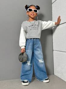 SHEIN Explorewe Young Girls Washed & Faded Denim Jeans - Medium Wash - View 7