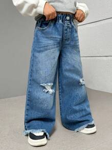 SHEIN Explorewe Young Girls Washed & Faded Denim Jeans - Medium Wash - View 10