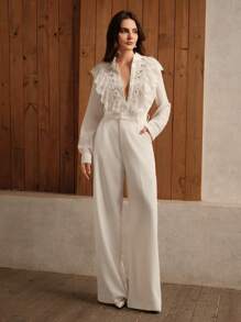 Anewsta Embellished Lace Panel Ruffle Hem Pearl Bead Embroidered Voile Blouse Women Shirt