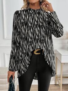 EMERY ROSE Long Sleeve Stand Collar Allover Print Casual Shirt - Black and White - View 3