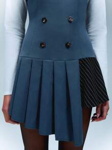 SHEIN Unity 正面纽扣条纹拼接不对称褶饰芭铎式连衣裙 - 灰色 - 查看 7