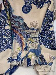 Plus Size Round Neck Long Sleeve Feather Pattern Simple Pullover Sweater, Casual Daily Wear,Spring - Khaki - View 3