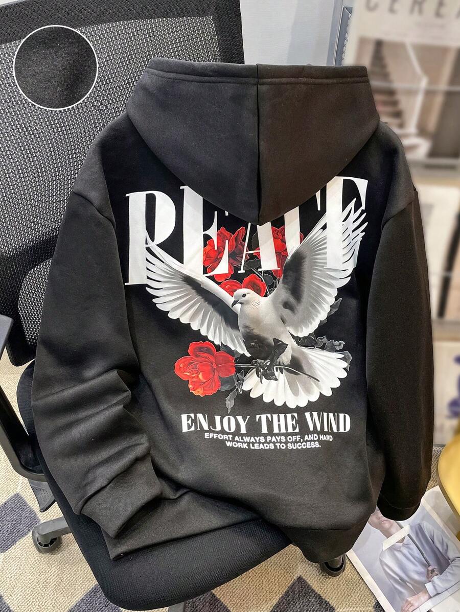 SHEIN TeenBoys 1 件休闲百搭街头时尚舒适温暖街头时尚和平加文字图案印花针织连帽运动衫返校服装；秋季服装；青少年男孩服装；青少年男孩夹克秋冬 - 黑色 - 查看 1