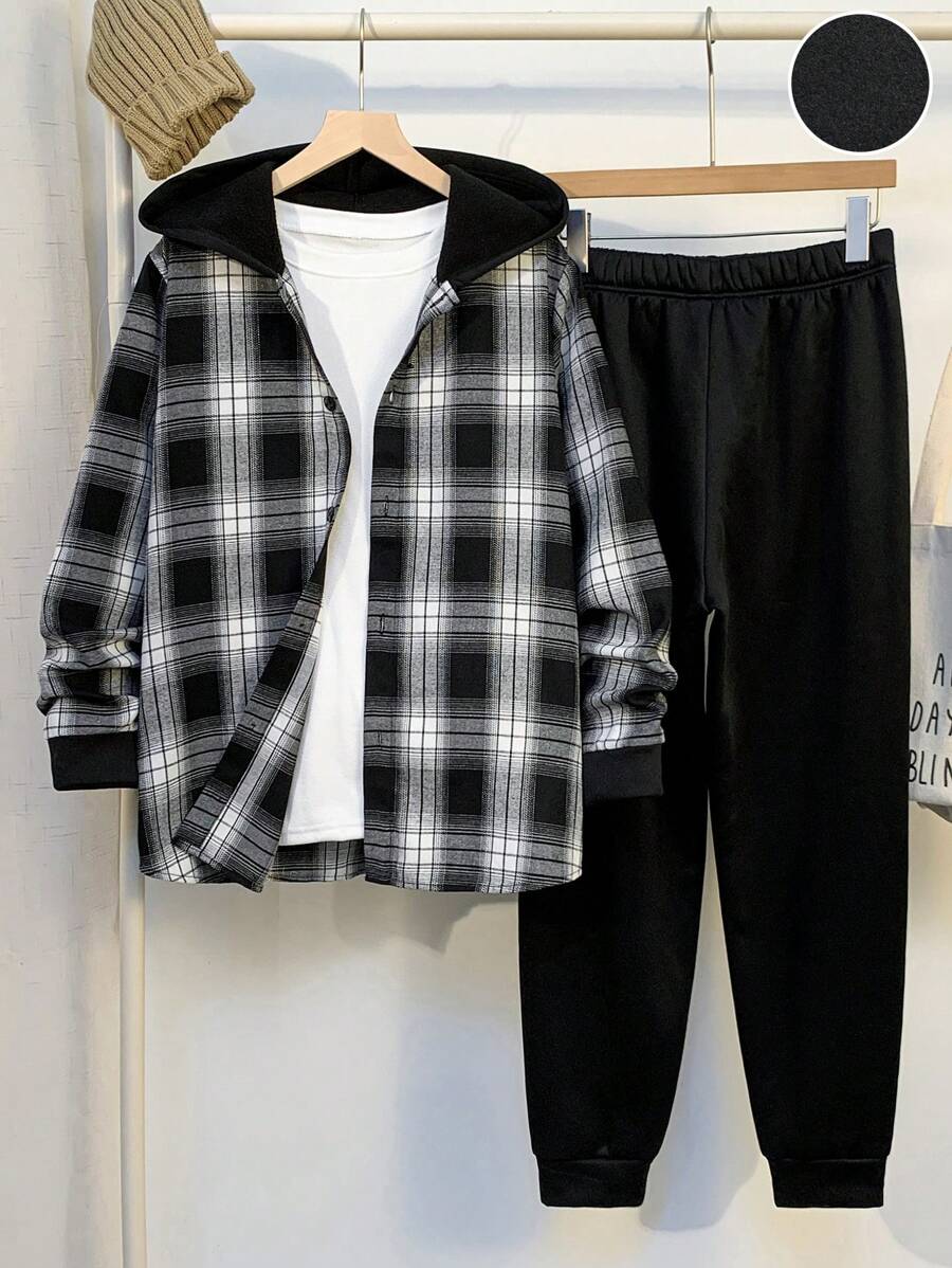 SHEIN 2 peças/Conjunto Moletom Estilo Universitário Confortável e Quente com Remendos, Camisa e Calça com Remendos, para Adolescentes, Lembrancinhas de Festa, Looks Volta às Aulas, Outono/Inverno - Multicolorido - Visão 1