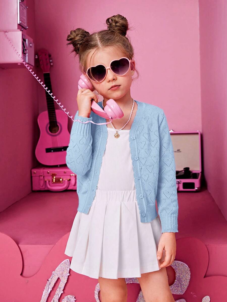 SHEIN Áo len cardigan cổ chữ V họa tiết trái tim cho bé gái - Màu xanh lam - Xem 1