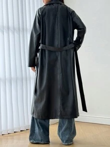 SHEIN Unity 纯色长袖简约休闲大口袋抽绳腰长款 PU 夹克，女士深秋休闲前扣、口袋、拉链落肩领宽松黑色纯色女式外套，户外活动 - 黑色 - 查看 3
