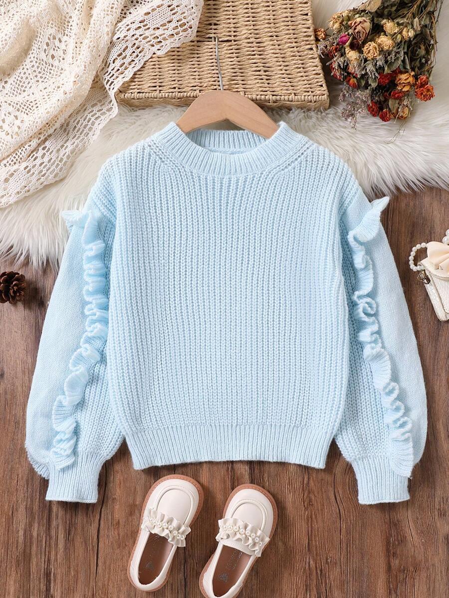 SHEIN Tween Girls Sweaters Fashion Elegant Minimalist Beaded Ruffle Hem Pullover Warm Crew Neck Knit Tops For Winter - Baby Blue - View 1