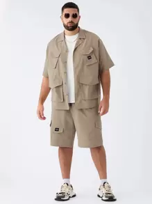 Manfinity VCAY 2pcs/Set Plus Size Men's Casual Woven Loose Drop Shoulder Short Sleeve Shirt With Drawstring Waist - Apricot - View 4