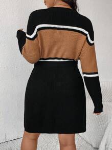 SHEIN Frenchy Váy len kẻ sọc cổ tròn tay dài thoải mái thời trang cỡ lớn cho mùa thu/đông - màu đen - Xem 3