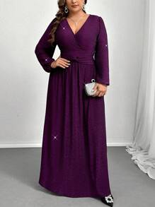 SHEIN Privé Vestido morado de manga larga fluido y holgado con giro romántico, elástico y metálico elegante y de lujo para fiestas y eventos de talla grande para mujer - Morado - Ver 7