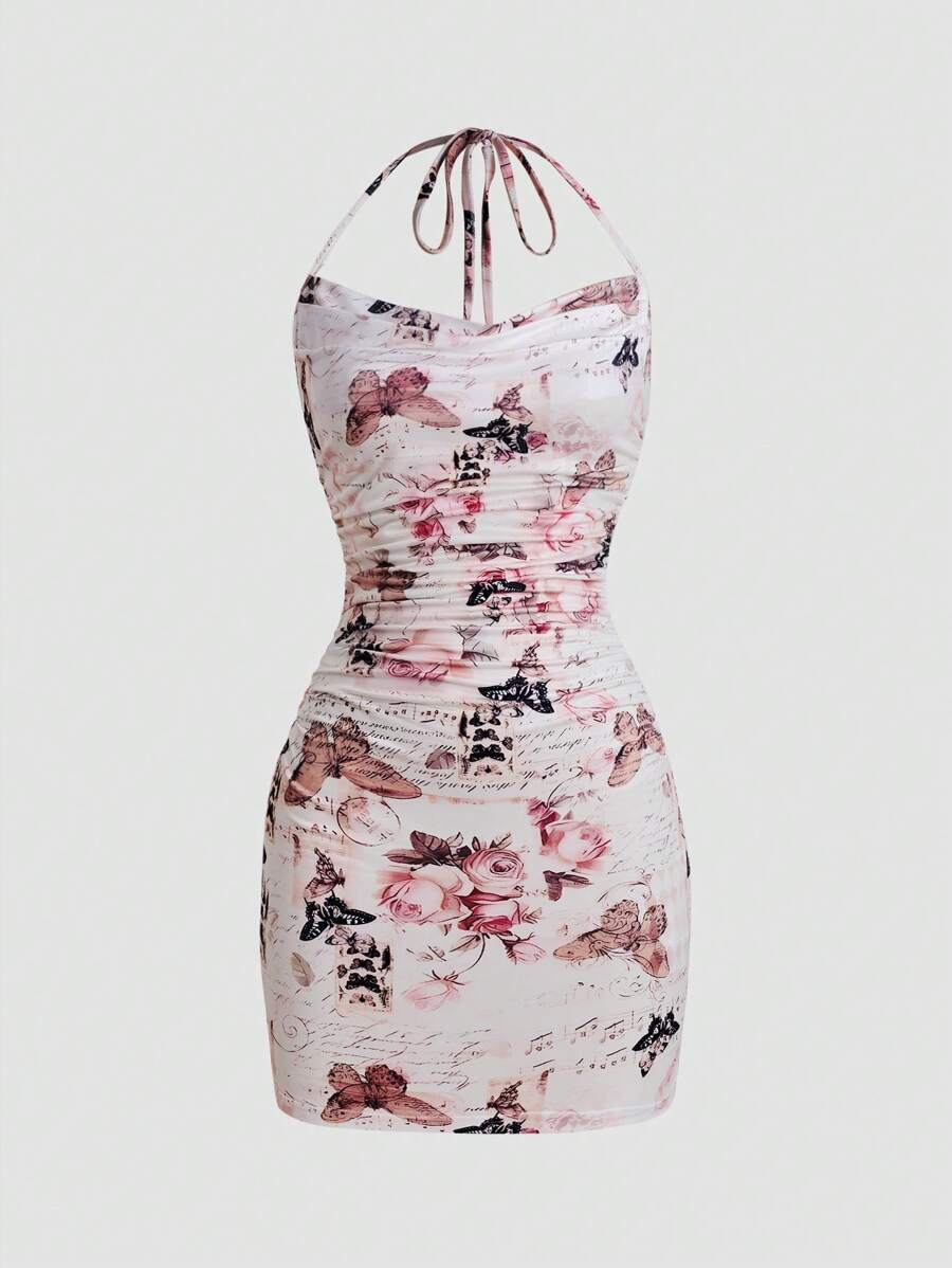 Chiquease Women's Halter Tie Back Backless Allover Print Ruched Bodycon Mini Dress - Multicolor - View 1