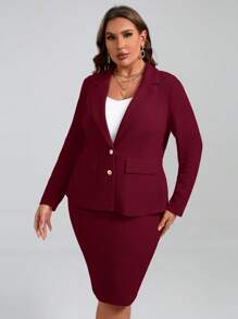 SHEIN Clasi Plus Size Lapel Collar Button-Front Long Sleeve Blouse With Skirt Suit Set In Fall/Winter - Burgundy - View 2
