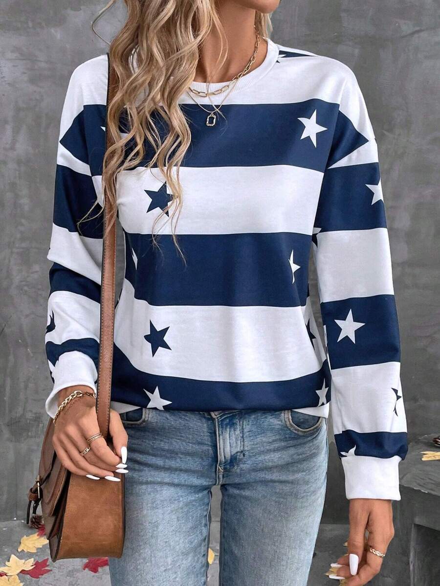 EMERY ROSE Women Crew Neck Long Sleeve Striped Star Print Sweatshirt,Navy And White,Summer,Casual,Holiday,School,Independence Day Pullover Fall Graduation Tops - Multicolor - View 1