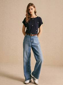 Poéselle Summer Navy Blue Cotton Casual Embroidered Cotton T-Shirt, Loose Version Wear Comfortable And Breathable, Small Lemon Embroidered T-Shirt, Suitable For Daily Commuting Holiday Home Wear