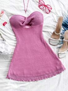 Soleia 女士度假风格纹理针织紧身 A 字形前镂空扭纹细节薄荷蓝色紧身胸衣海滩西部节日夏季波西米亚风迷你连衣裙 - 玫紅色 - 查看 1