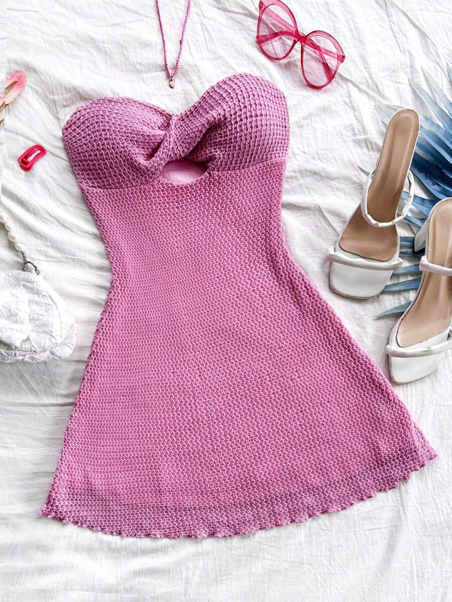 Soleia 女士度假风格纹理针织紧身 A 字形前镂空扭纹细节薄荷蓝色紧身胸衣海滩西部节日夏季波西米亚风迷你连衣裙 - 玫紅色 - 查看 1