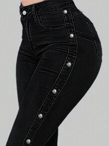 Women's Side Button Decor Casual Skinny Flare Jeans - Black - View 2