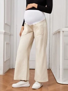 SHEIN Quần Jeans Ống Thẳng Thời Trang Có Túi Lưng Cao Co Giãn Cho Bà Bầu - Màu be - Xem 3