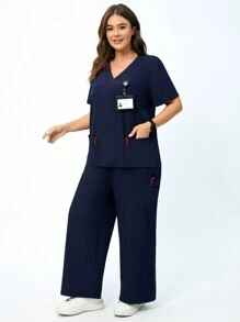 TaskEZ 女式加大码手术服上衣和裤子深蓝色宽松两件套，女式短袖 V 领护士 6 口袋制服手术服套装 - 藏蓝色 - 查看 6
