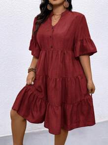 SHEIN LUNE Đầm suông tay loe cổ xẻ màu trơn cỡ lớn thường ngày - Màu Đỏ Sâu - Xem 4
