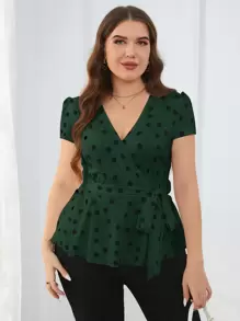SHEIN Clasi Bluzka z dekoltem w serek i krótkim rękawem w kropki w dużym rozmiarze, wiązana na szyi, na lato - Ciemnozielony - Zobacz 3