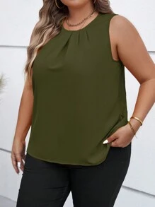 SHEIN Clasi Plus Size Women's Summer Solid Color Round Neck Ruched Sleeveless Casual Blouse - Army Green - View 1