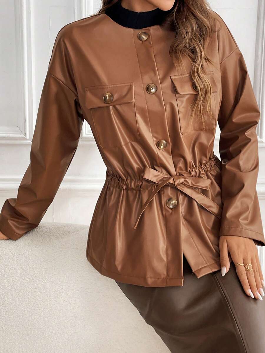 SHEIN Clasi Veste en PU marron rétro, chaude, avec col rond, épaule tombante, taille cintrée, coupe slim, poche poitrine et boutons décoratifs, pour femmes, pour l'automne/hiver - Tabac - Voir 1