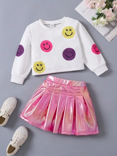 SHEIN Explorewe Young Girl Y2K Style Colorful Smiling Face Graphic Sweatshirt And Metallic Pink Pleated Mini Skirt 2pcs Outfit, Suitable For Autumn, Winter, Daily Wear, Party, Sports, Streetwear