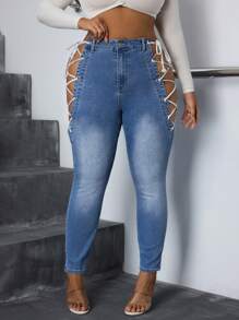 SHEIN SXY Plus Size Women Denim High Waist Elastic Rope Side Tie Detail Skinny Pants - Medium Wash - View 5