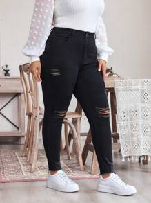 SHEIN LUNE Quần Jeans Denim Ôm Vừa Cỡ Lớn Thường Ngày Màu Trơn Co Giãn - màu đen - Xem 4