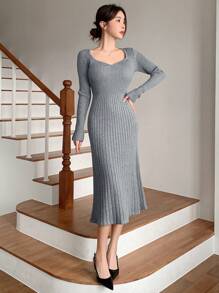 DAZY Women's Solid Color Sweater Dress With Ruffle Hem, Long Sleeve, Elegant Fitted, For Autumn & Winter,Fall Women Clothes - Grey - View 6
