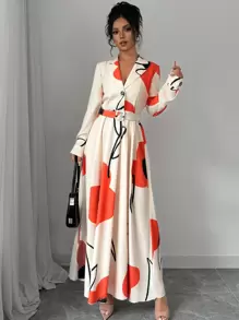 Chiquease Women's Lapel Neck Long Sleeve Button Front Allover Print Swing Dress Maxi Women Outfit Fall Cloth For Women