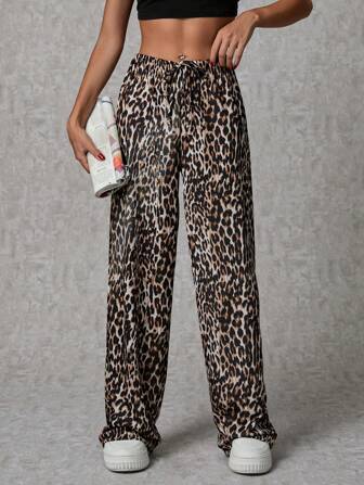 SHEIN Tall Lange Damen Hosen mit niedrigem elastischem Bund und Leoparden Design