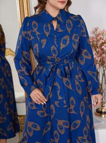 Mulvari 大尺碼藍色優雅滿版印花襯衫洋裝，秋季女款長版 A 字裙，適合日常、旅行、上班、派對休閒秋季穿搭衣飾 - 彩色 - 查看 3