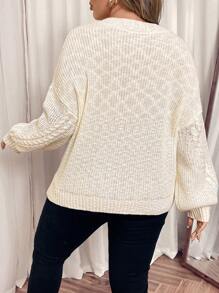 SHEIN VCAY Plus Size V-Neck White Sweater With Special Textured Yarn,Floral Knit Sleeve,Autumn Smart Casual Everyday Elegant Woman Clothing For Winter,Parties - White - View 2
