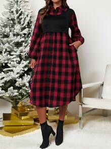 EMERY ROSE 大码圣诞法兰绒女式格子印花领长袖连衣裙，带口袋
