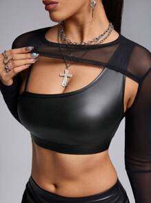 Innovista Bộ đồ thể thao 3 món bằng da giả sang trọng và lưới thoáng khí cho nữ, quần vợt, phòng tập thể dục, thường ngày, tập luyện, chơi golf, yoga, mặc mùa thu - màu đen - Xem 10