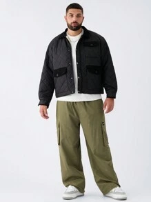 Manfinity VCAY 大码男士休闲编织拼布常规版型长袖翻领夹棉大衣，适合冬季