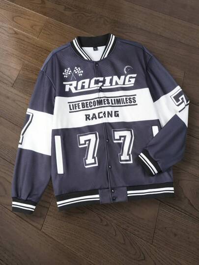 Manfinity EMRG Men's Casual Letter Print Contrast Color Long Sleeve Baseball Jacket, Spring And Fall