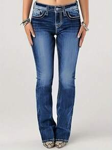 Women's Embroidered Denim Flare Pants With Pockets - 深色水洗藍 - 查看 4