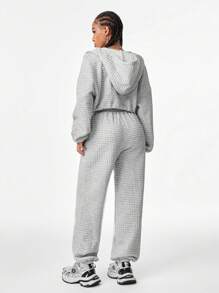 Muchica 3pcs Women's Fall And Winter Y2K Homecoming Hip-Hop Rapper Athleisure Streetwear Casual Back To School Athleisure Sportswear Waffle Knit Textured Keep Warm Stretchy Thermal Grey Cropped Tank Top&Sweatshirt&Sweatpant Hoodies Set For Holiday And New Year Eve