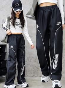 少女字母印花撞色修边裤