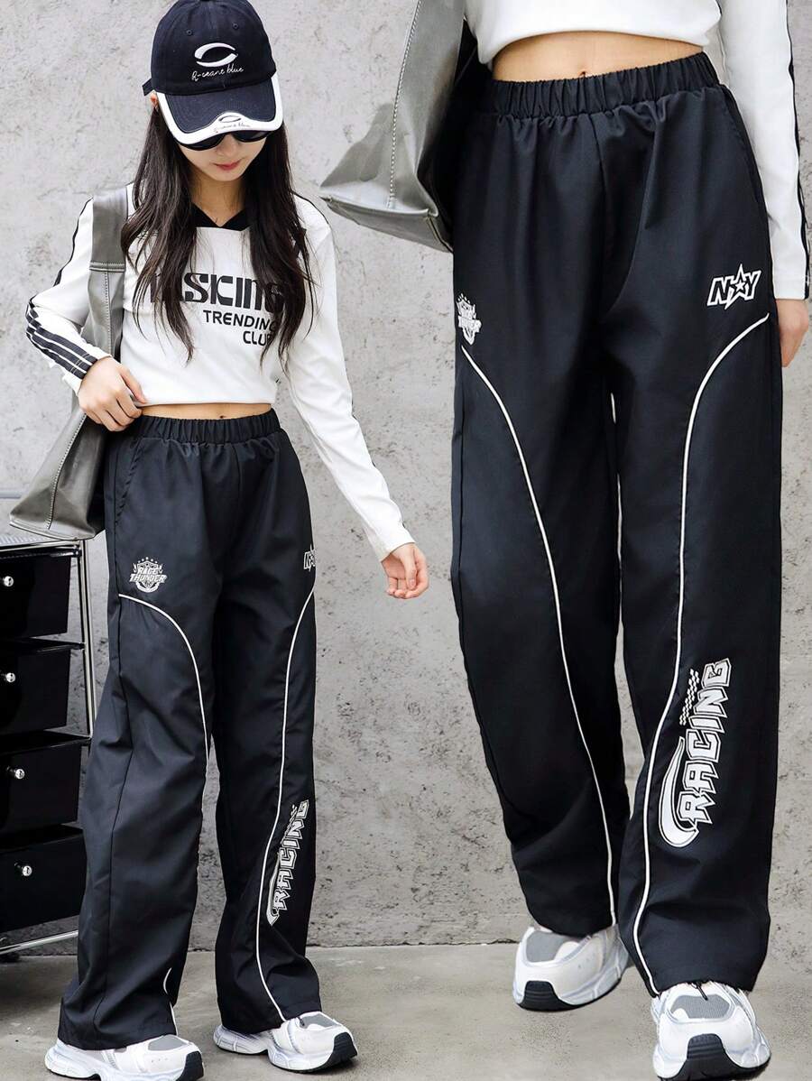 少女字母印花撞色修边裤