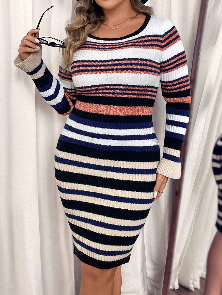 SHEIN Clasi 大码女式多色条纹长袖圆领修身优雅毛衣连衣裙，适合工作 - 彩色 - 查看 1