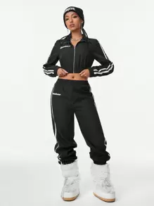 Muchica Áo khoác và quần Coolane Athleisure Blockcore Sport Streetwear Letter Contrast Side Seam Drawstring Woven Tape - màu đen - Xem 1