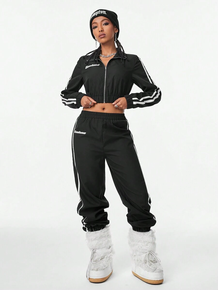 Muchica Áo khoác và quần Coolane Athleisure Blockcore Sport Streetwear Letter Contrast Side Seam Drawstring Woven Tape - màu đen - Xem 1