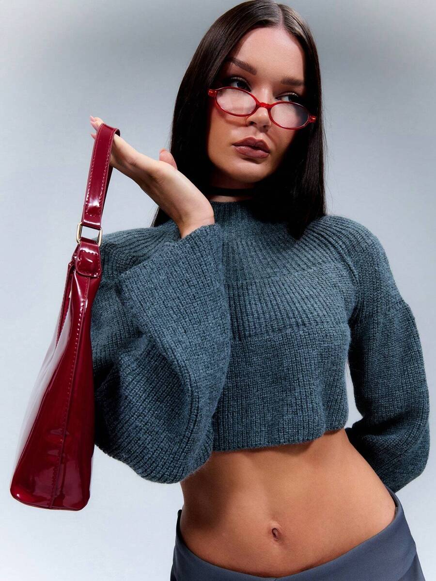 TypaGal Top corto con cuello alto de punto y puños acampanados, otoño e invierno - Gris - Ver 1